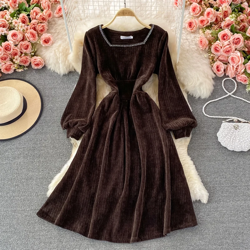 

YIZZHOY New Spring Autumn Women Long sleeve Solid Vintage Long Sleeve Corduroy Square Neck Dress Fashion Casual Fashion Dress