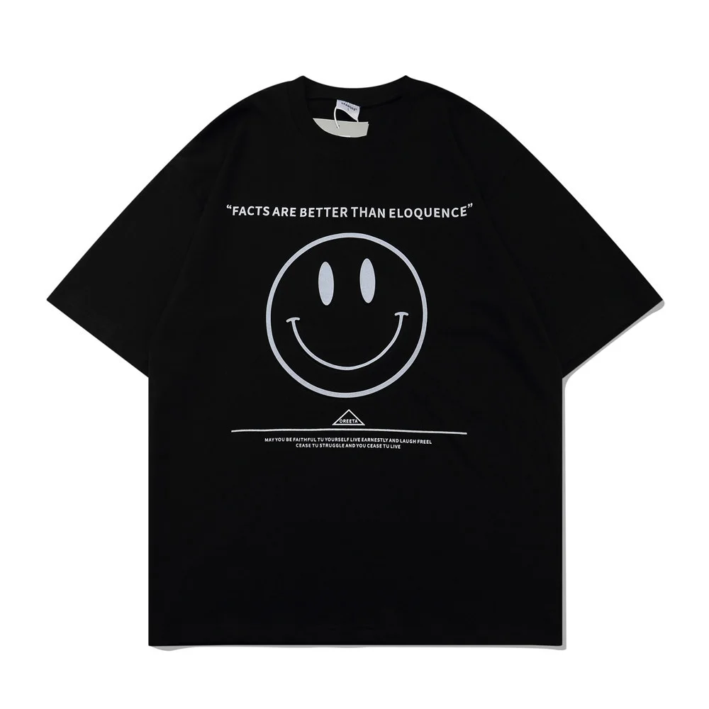 

Smiley Print Short Sleeve T-shirt Mens Summer Crew Neck Cotton Tee Casual Loose Pullove Men