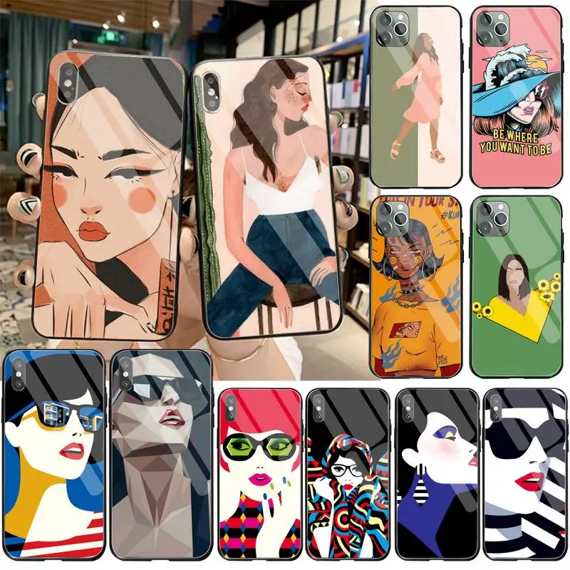 

YJZFDYRM Girl Creative trend illustration Phone Case Tempered Glass For iPhone 11 Pro XR XS MAX 8 X 7 6S 6 Plus SE 2020 case