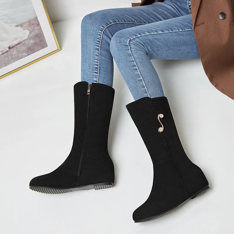 

Street Style Leisure Mid-calf Black Boots Winter Female Shoes Autumn Round Toe Flat Internal Increased Zipper Concise Tube Boots