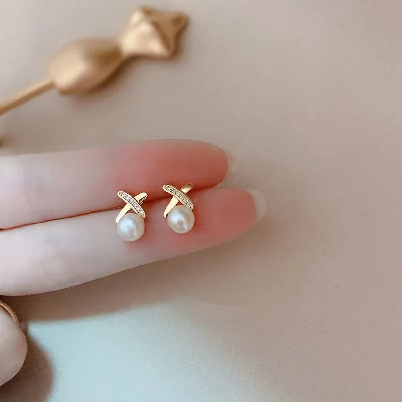 

925 Sterling Silver Pav Diamond Zircon Small Pearl Plating 14k Gold Earrings Women Summer Beach Casual Jewelry Accessories