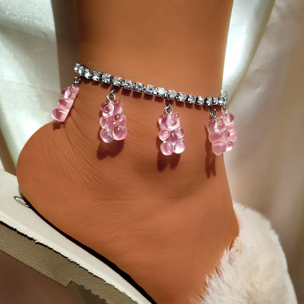 

Pink Gummy Bear Cartoon Anklets For Women Bling Sliver Color Crystal Tennis Chain Foot Chain Bracelet Barefoot Y2K Beach Jewelry