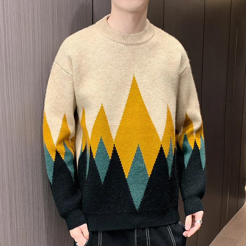 

Мужской свитер с круглым вырезом, Молодежный свободный свитер с подбором цветов, украшенный бриллиантами, Осень-зима 2021