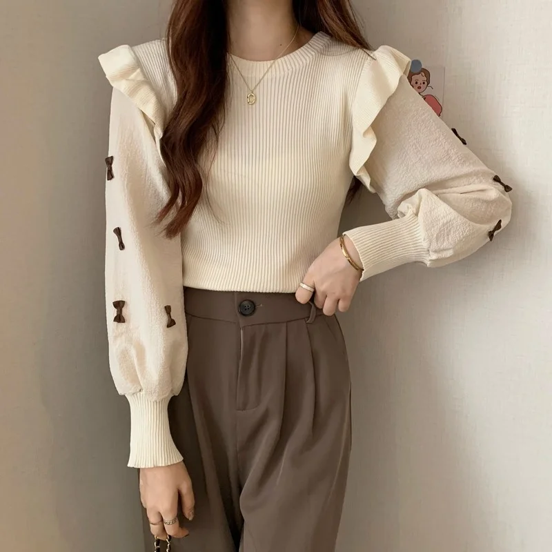 Женский трикотажный топ с оборками рубашка рукавами-фонариками и бантом на осень