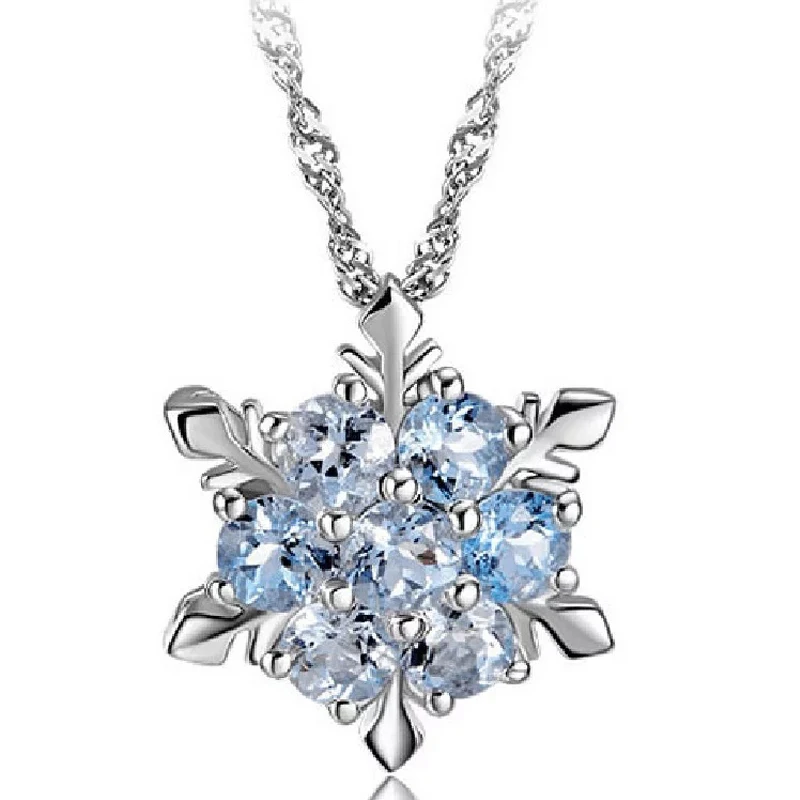 

Blucome Blue Crystal Snowflake Charm Necklaces Pendants Zircon Flower Silver Color Necklace Jewelry Christmas Gift for Women
