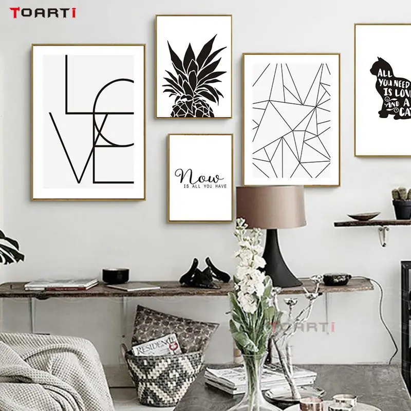 

Простое черно-белое растение с буквами, без рамки, сердечник, настенное искусство, Внутренняя Живопись, декоративная живопись