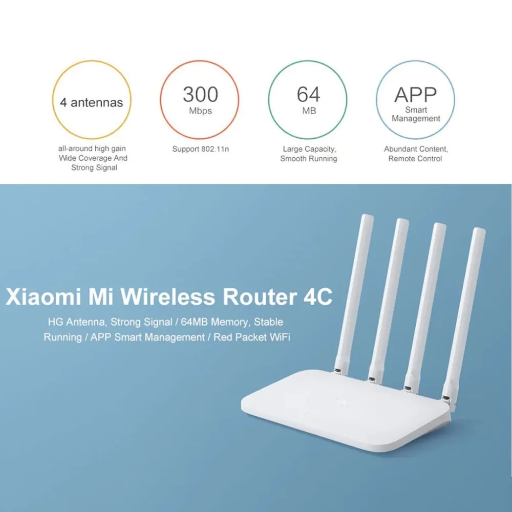 Xiaomi Mi маршрутизатор 4C роутер wi fi модем 4 антенны управление приложением router 2 4G 300