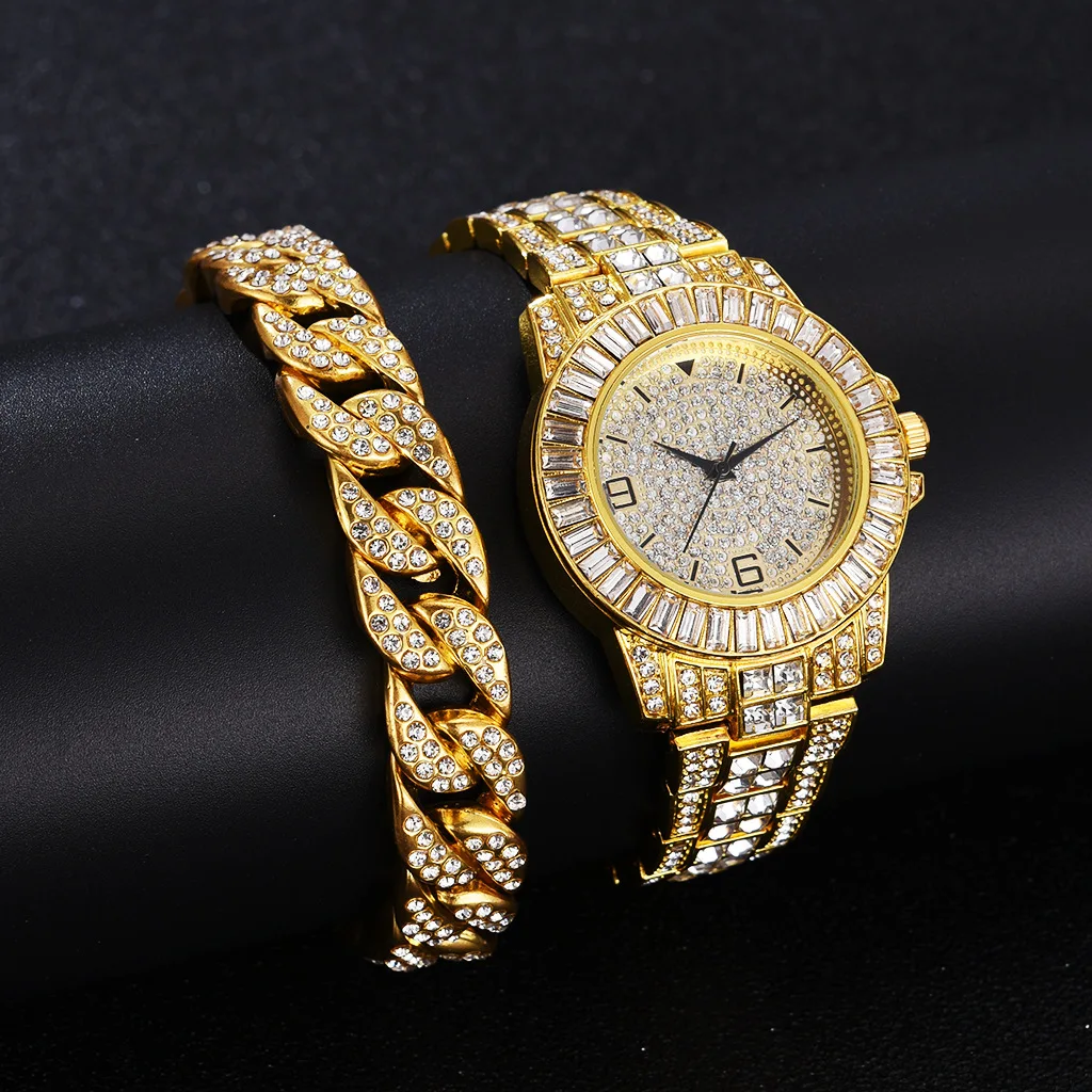 

Iced Out Watches for Women Men Luxury Gold Diamond Chain Simple Watch with Bracelets Cuban Chain for Women Men Jewelry Watch Set