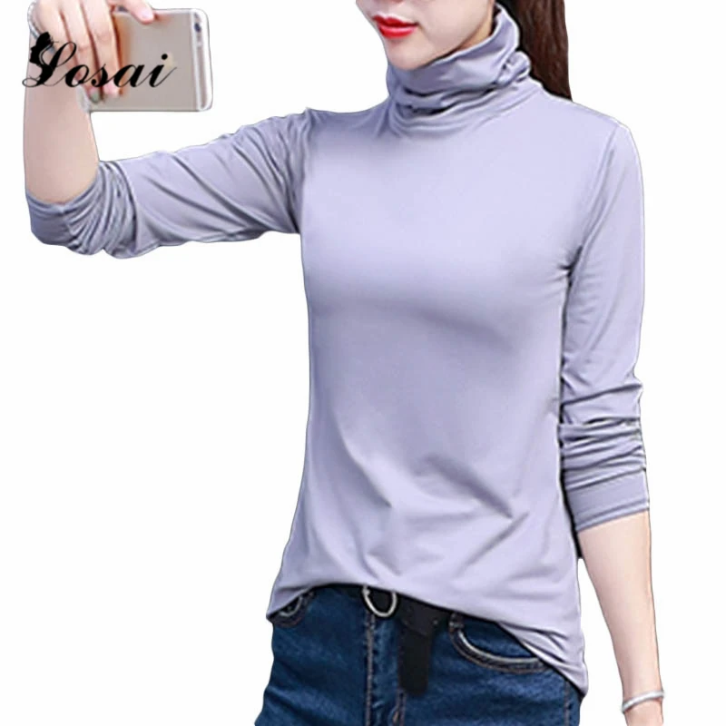 2019 Женская Повседневная футболка с длинным рукавом одноцветная водолазка топы
