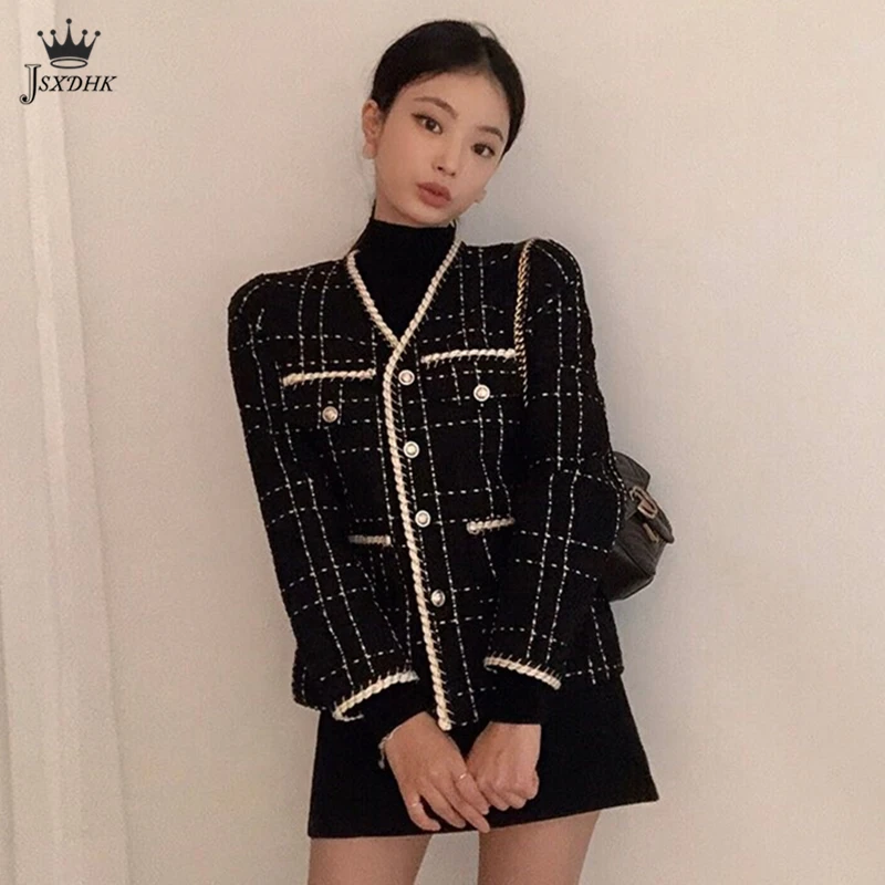 

2021Korean Luxury Designer Brand Chic Plaid Tweed Jacket Women Fashion V-Neck Black Elegant Single Breasted Retro Streetwear