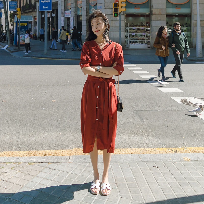 

Chiffon Dress 2021 Summer A-Line Skirt French Long Sleeve Belt Pure Color Skirt Buttons Slim Midi Shirt Dress Fashion Tie CD6