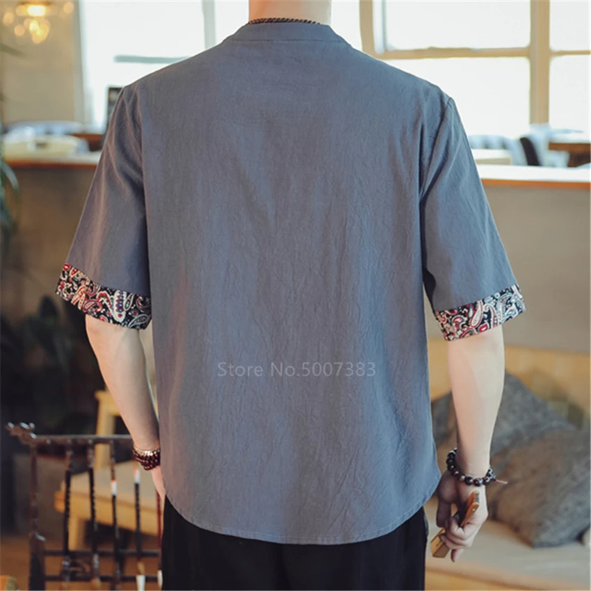 Льняные мужские топы с китайским принтом ретро летний костюм Тан коротким
