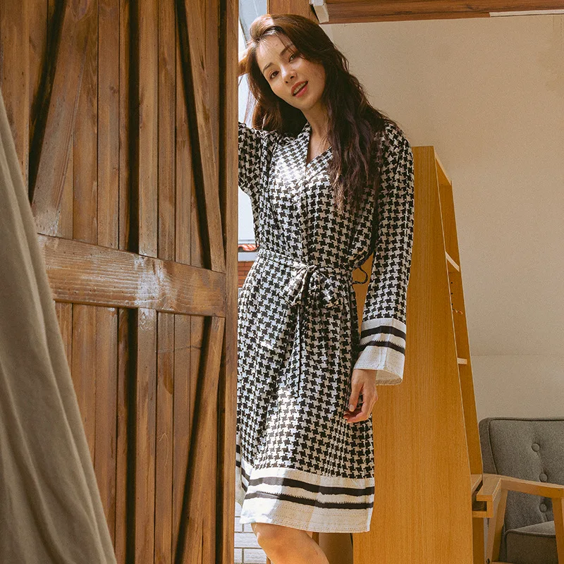 Женский халат кимоно Lounge пижама из искусственного шелка с рисунком гусиные лапки