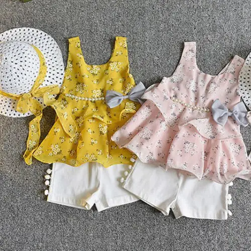 

Princess Cute Summer Holiday Clothes Sets Toddler Girls 3PCS Sleeveless Floral Print Bow Vest Tops+Shorts+Hats