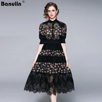 banulin summer vintage print lace hollow out dress womens stand collar short sleeve elastic waist bohemian long dress n68975