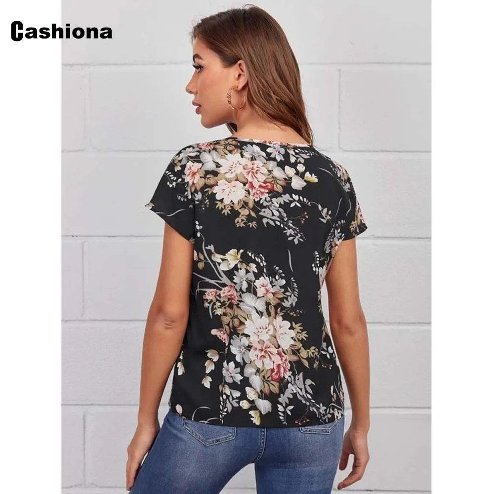 

Short Sleeve Women Casual Shirt Bohemian Flower Print Blouse Sexy V-neck Basic Tops Clothing 2021 New Summer Chiffon Shirt Femme