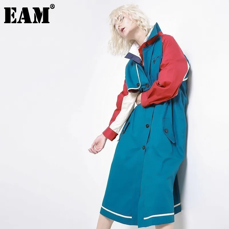 

[EAM] 2021 New Spring Lapel Long Sleeve Hit Color Split Joint Loose Long Windbreaker Women Coat Fashion Tide JH361