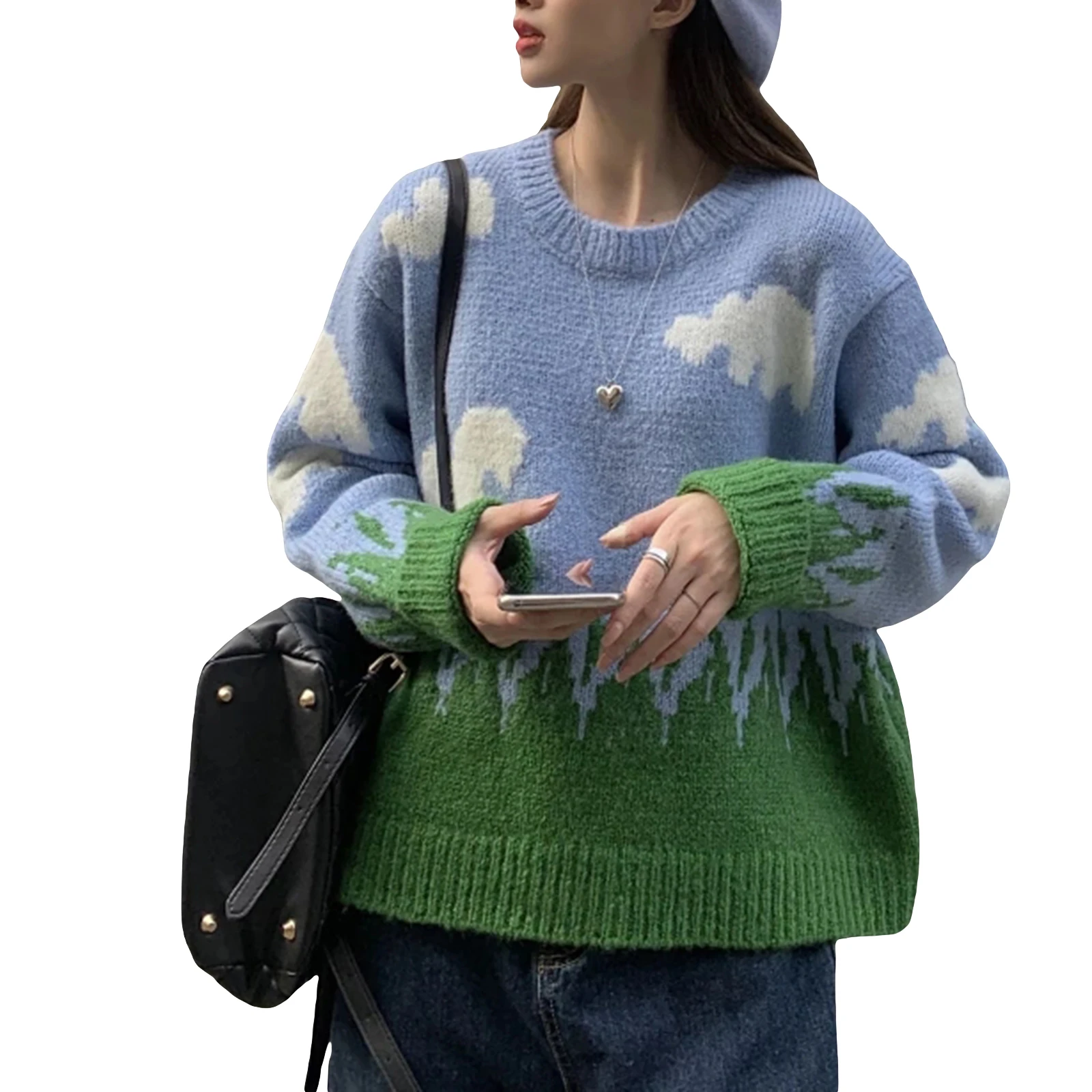 Женский вязаный свитер с принтом в виде облаков модные пуловеры большого размера