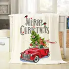 Рождественская открытка, красное ретро-одеяло, грузовик с елкой, подарки и Такса в шарфе, декоративное одеяло