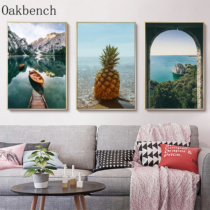 Пейзаж Постер лодки картины ананас холст принт зеленые горы постеры и принты