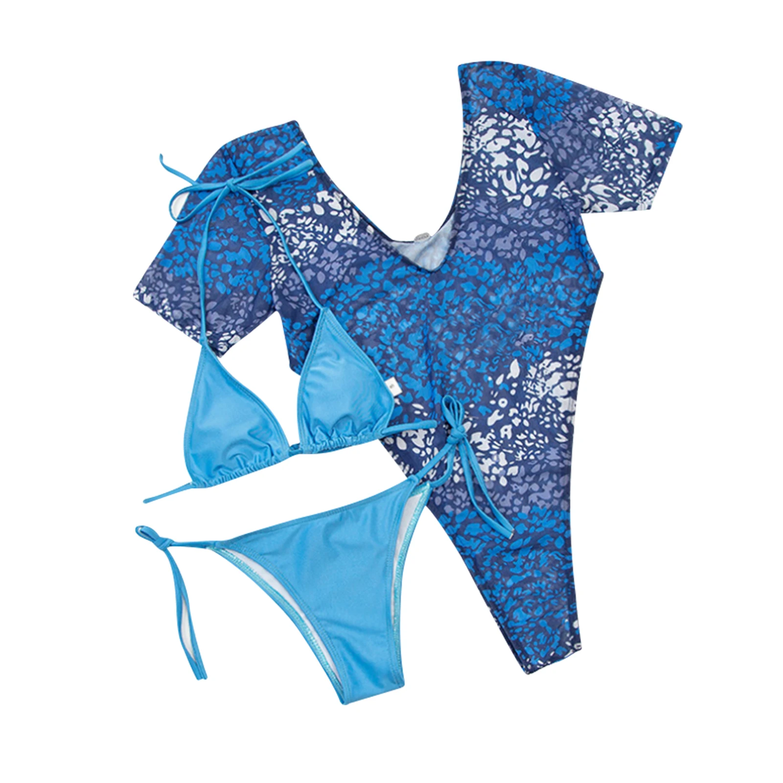 

Women's 3Pcs Bikini Suit Solid Color Deep V-neck Halter Tops with Side Tie Thong Bottoms and Triangle Smock