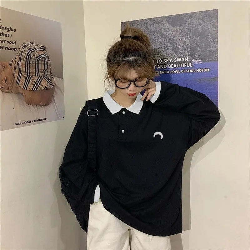 Женская свободная футболка с длинным рукавом и отложным воротником топы