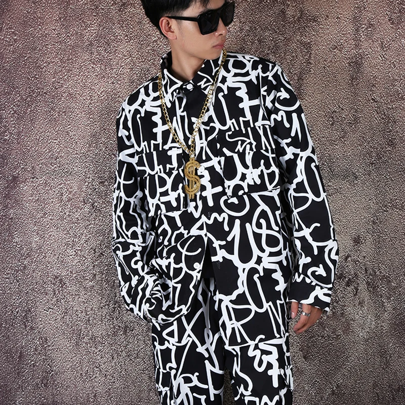 

Street Hip Hop Clothing Mens Costume Loose Printed Long Sleeve Shirt Male DJ Performance Clothes Gogo Tops Stage Wear VDB2587