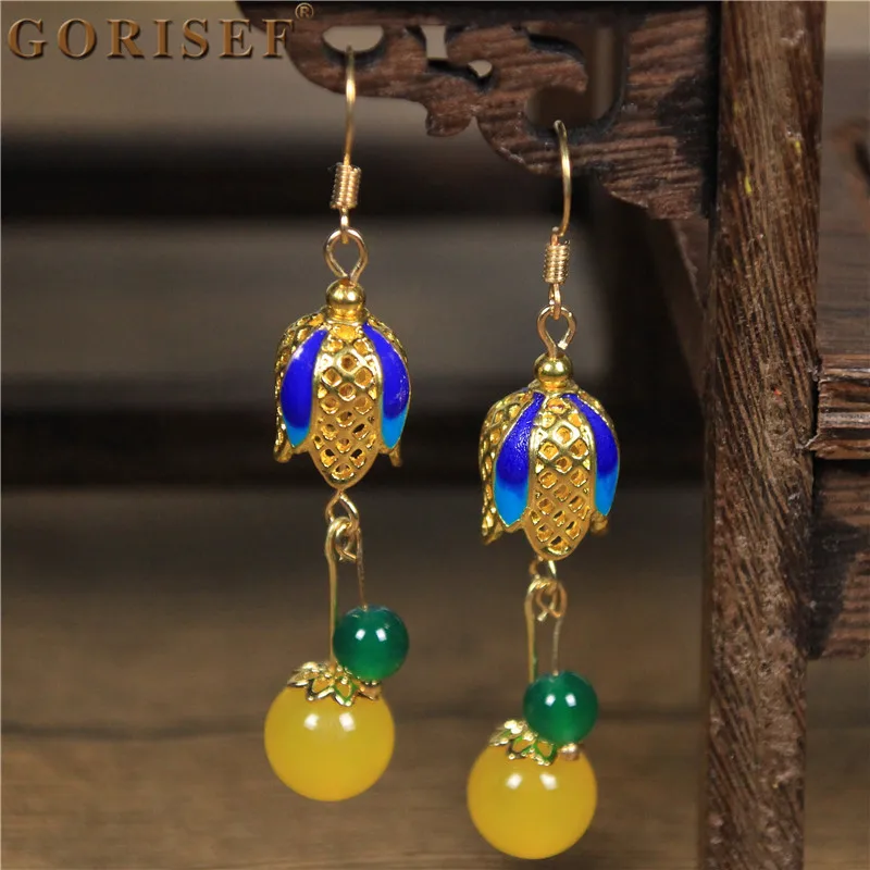 Китайский пейзаж тайский синий суд ретро серьги темперамент длинный абзац кулон