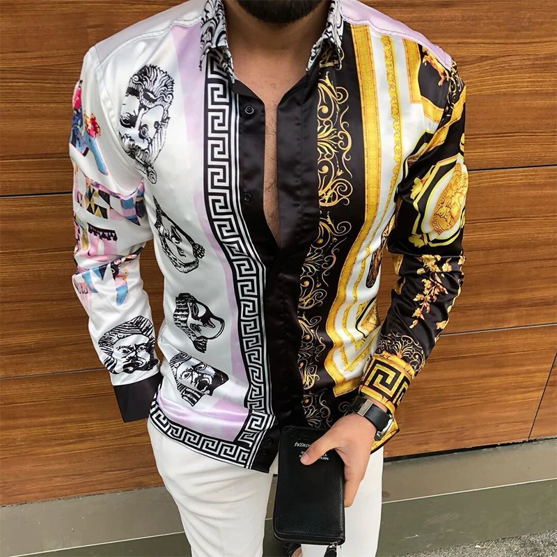 

Autumn Mens Hawaiian Shirt Printed New Fashion High Street Long Sleeve Men's Shirts Big Us Size Flower Beach Floral Patterns