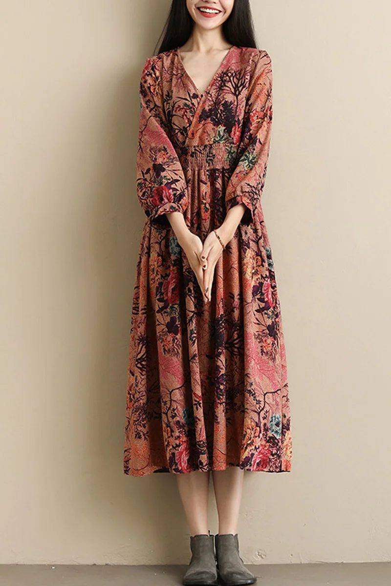 

2021 New Women Plus Size Dress Women Waist Slim V Neck Wrist Sleeve Dress Woman Dress