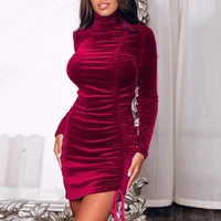 popular formal dress solid color sexy drawstring turtleneck dress mini dress short dress