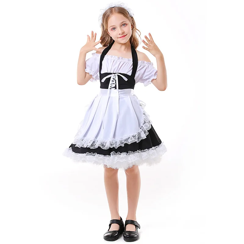 

S-L Girls Halloween Waitress Housekeeper Costumes Kids Children Maid Cosplay Carnival Purim Parade Stage Role Play Party Dress