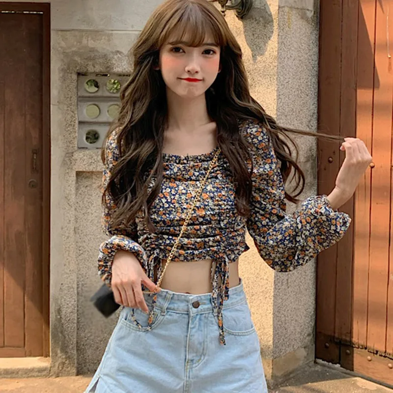 

Small Floral Print Women Blouses Fashion Slash Neck Sweet Pleated Shirts Short Female Chiffon Blouses Tops