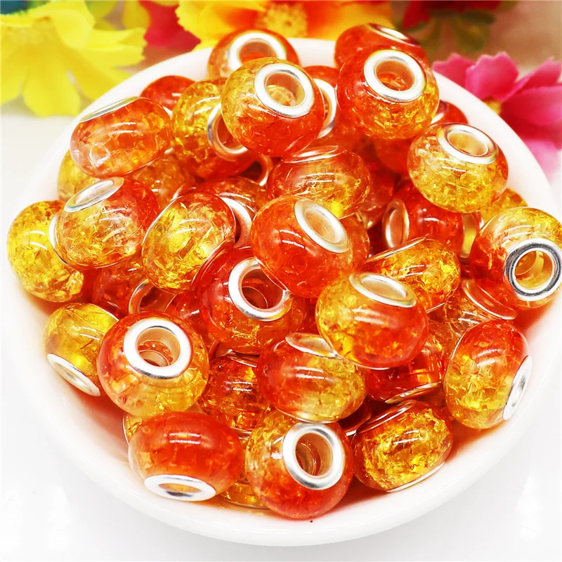 

10Pcs 14mm Round Rondelle Dual Color Large Hole Cracked Resin Slide Beads Charms for Jewelry Making Adults Bulk Bracelet Bangle