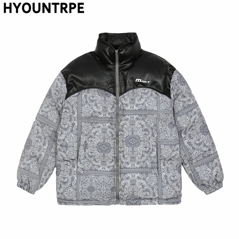 

Men Harajuku Graffiti Jacket and Coat Casual Patchwork Warm Thicken Stand Collar Parka Zipper Cotton Padded Streetwear Outerwear