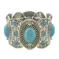 bohemian punk gypsy tibetan vintage metal elastic wide bangles bracelets blue stone bead statement bracelet handmade women party
