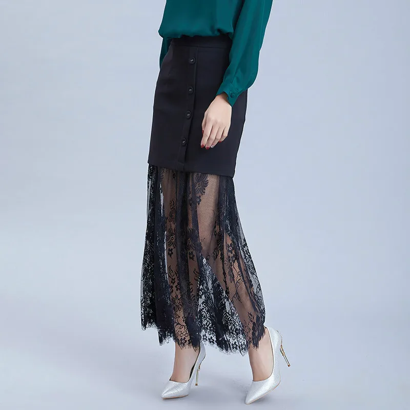 

Summer Fashion Women Lace Flower Stitch Button Pencil Skirt for Girls Hollow Out High Waist Sexy Office Long Transparent Skirt