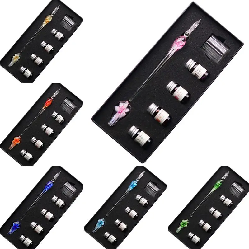 

B2RD 7PCS/SET Handmade Floral Glass Pen Dip Writing Ink Signature Pens Set for School Stationery Gifts Art Decoration Supplies