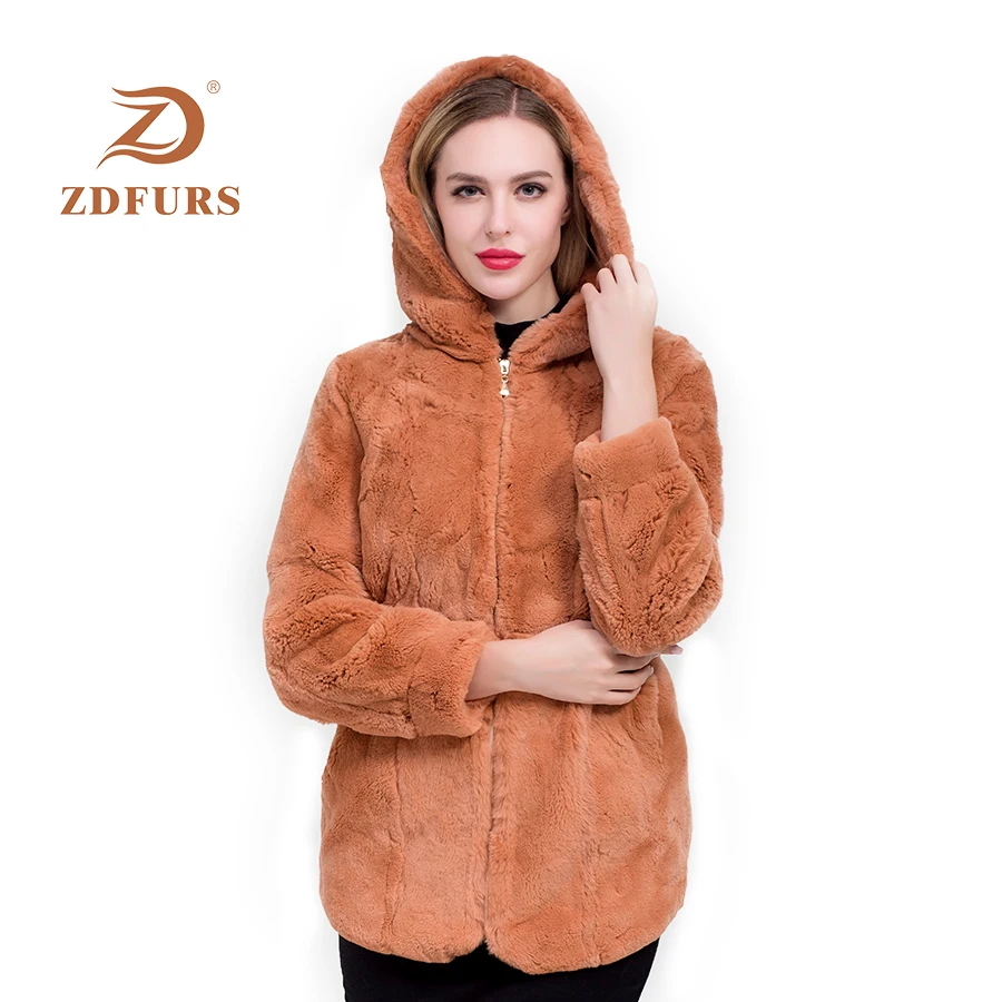 ZDFURS*whole skin natural real Rex fur coat clothing women's winter hooded long jacket long-sleeved outerwear coat large size
