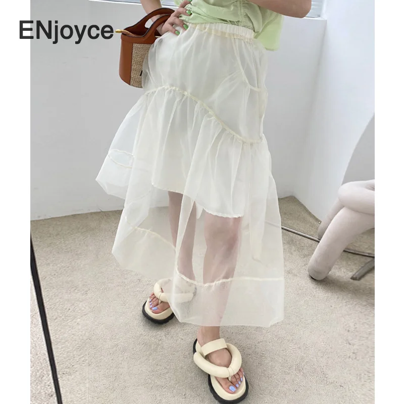 

Vintage Mesh Skirt Women Elastic High Waist A-line Skirts Ladies Korean Trendy Elegant Punk Party Club Long Dress Summer