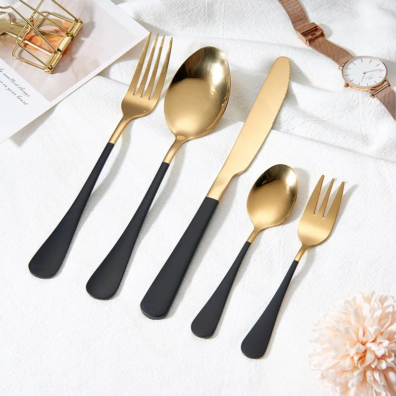 

Kitchen Tableware Black Gold Cutlery Set 5pcs Stainless Steel Cutlery Set Forks Knives Spoon Dinner Set Kitchen Spoon Dinnerware