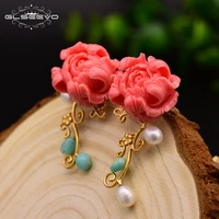 glseevo original coral red flower stud earrings for women party gift natural pearl stud earrings handmade fashion jewelry ge0605