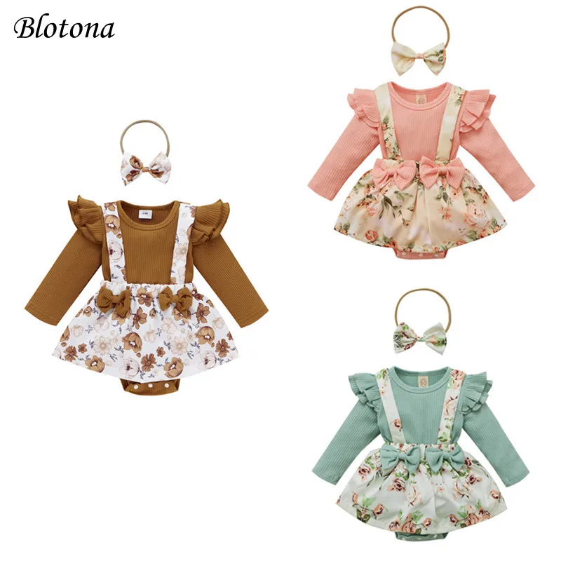 

Blotona 2Pcs Baby Outfit, Floral Splicing O-Neck Long Sleeves Suspenders Romper Skirt + Hairband for Toddler Girls, 0-24Months