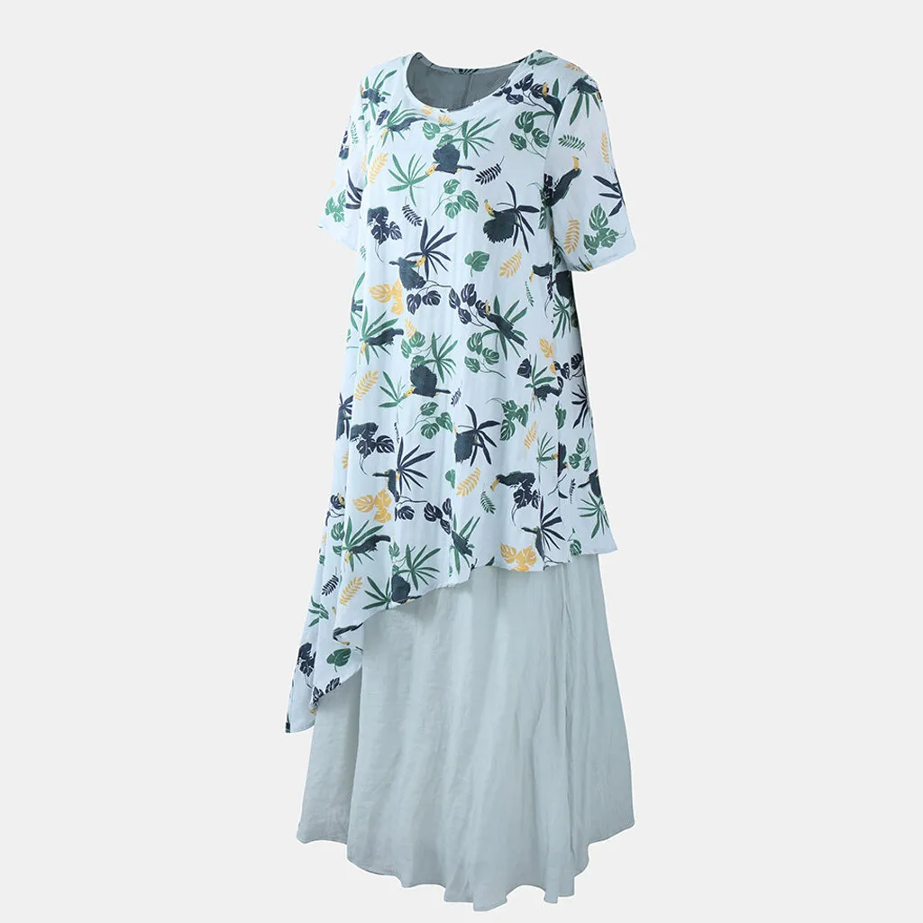 Женское летнее платье винтажное свободное макси с круглым вырезом и цветочным