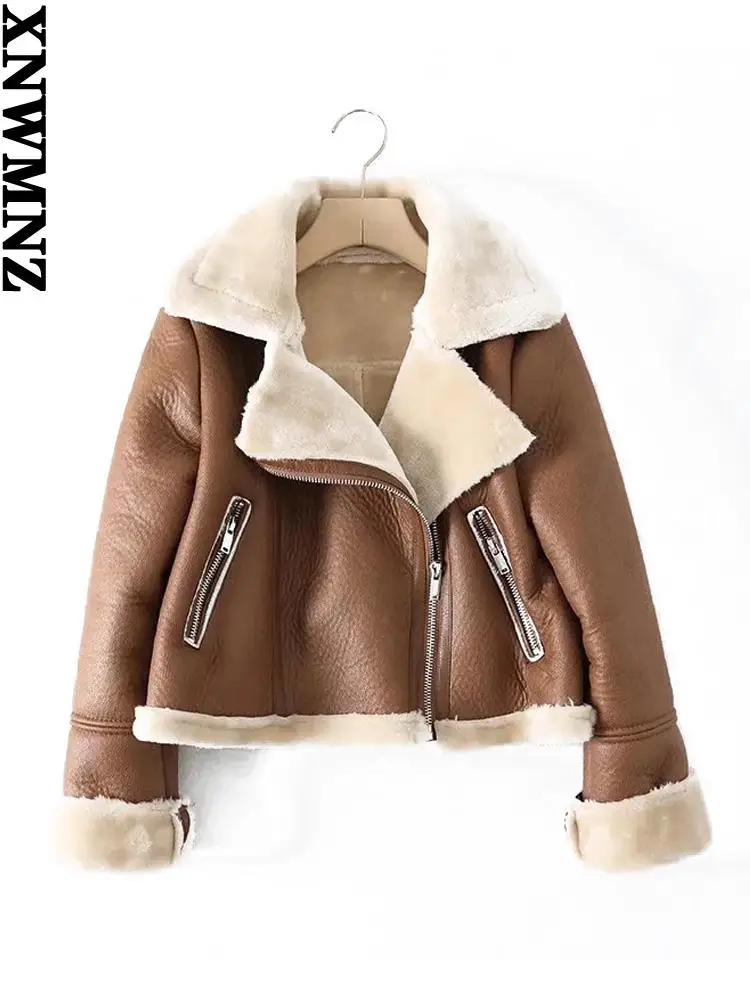 XNWMNZ Women 2021 fashion thick warm fur faux leather cropped jacket winter coat vintage long sleeve female outerwear coats  - buy with discount