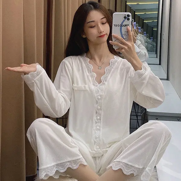 

Lady Velour Nightown Pajamas Set Loungewear Autumn New Long Sleeve Shirt&Pants 2PCS Sleepwear Velvet Sleep Set Home Clothing