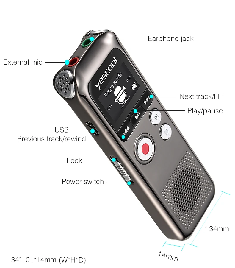 

Yescool A60 8G professional Dictaphone espia mini digital voice recorder long distance record support MP3 player audio recorder