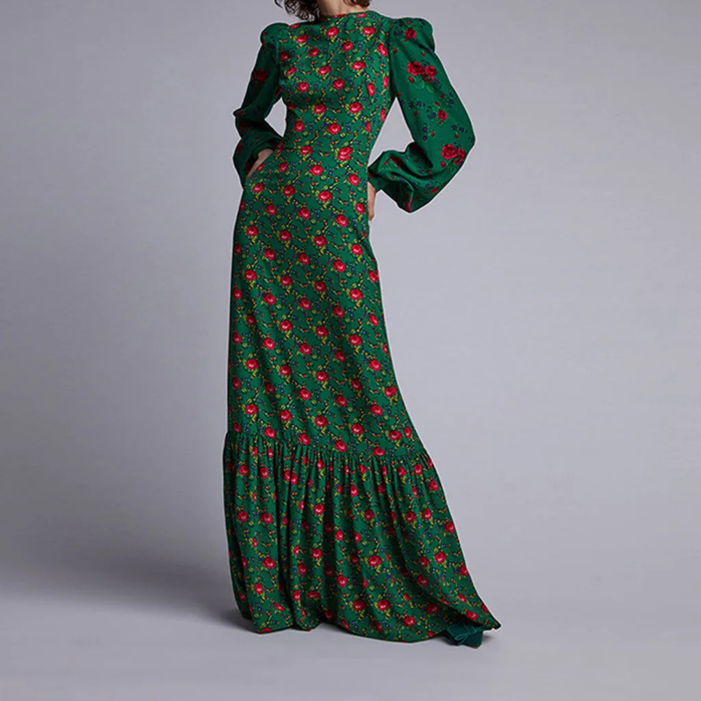 Модное тонкое приталенное вечернее платье в стиле ретро с воротником и принтом