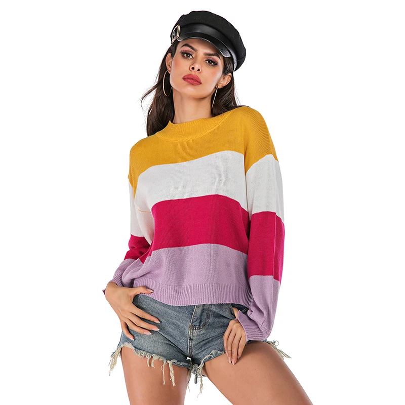 European and American Autumn Winter Women's Knitted Sweater Long-sleeved Wild Color Round Neck Shirt | Женская одежда