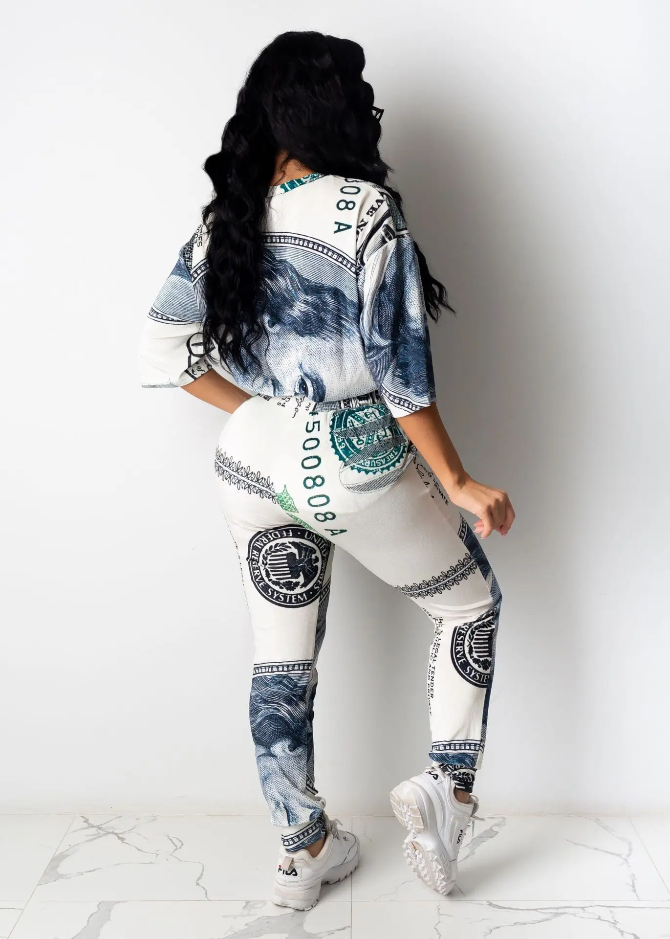 

Zoctuo Us Dollar Print Two Piece Sets for Women O-Neck Short Sleeve Casual Two Piece Set Outfits Tracksuits Club Loose Pants Set